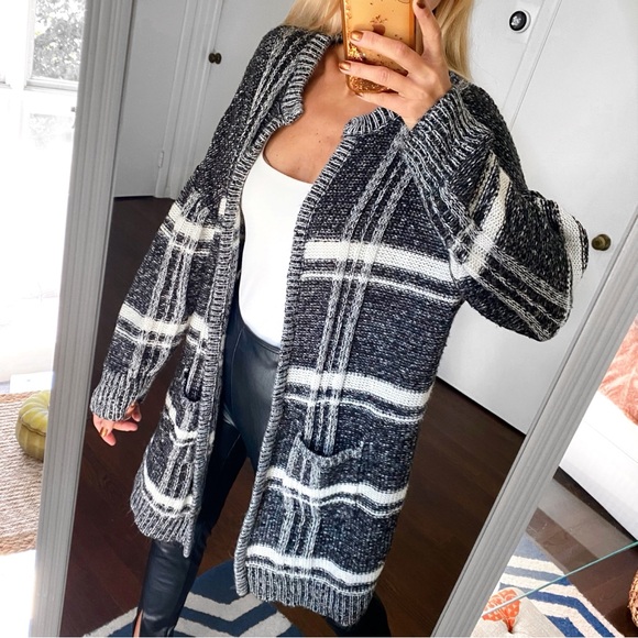 🖤 JANINA BLACK GREY WHITE LONG KNIT CARDIGAN SWEATER! - Picture 3 of 15